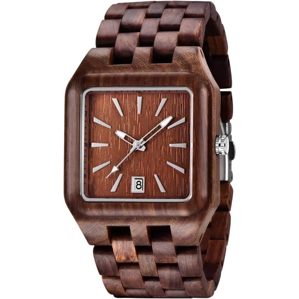 Men's Brown Red Rectangle Quartz Movement Wooden Watches